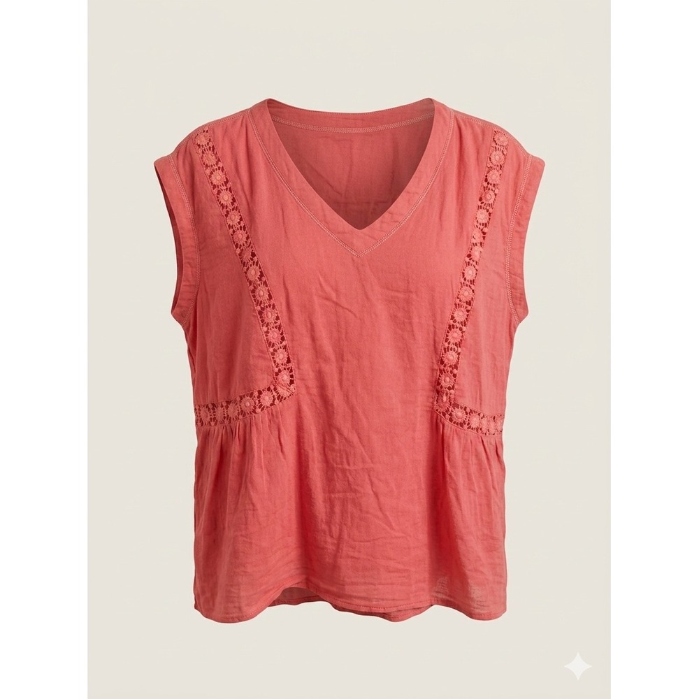 APNY Womens Coral Cotton Gauze Crochet Lace V-Neck Boho Cap Sleeve Top M Flowy